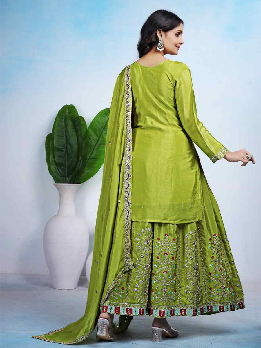 Green Chinon Embroidery Party Wedding Festival Casual Ready Palazzo Pant Salwar Kameez