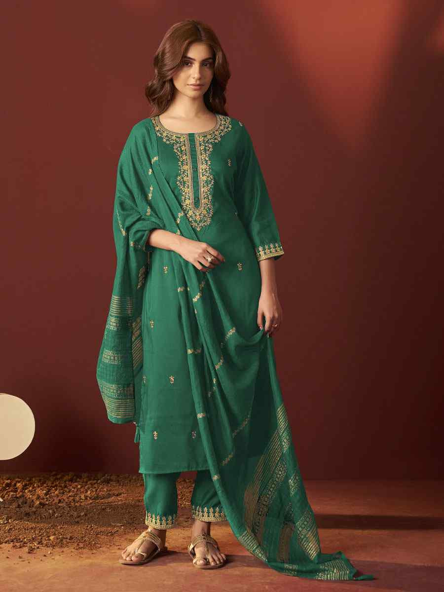 Green Chinon Embroidery Party Wedding Festival Casual Ready Pant Salwar Kameez