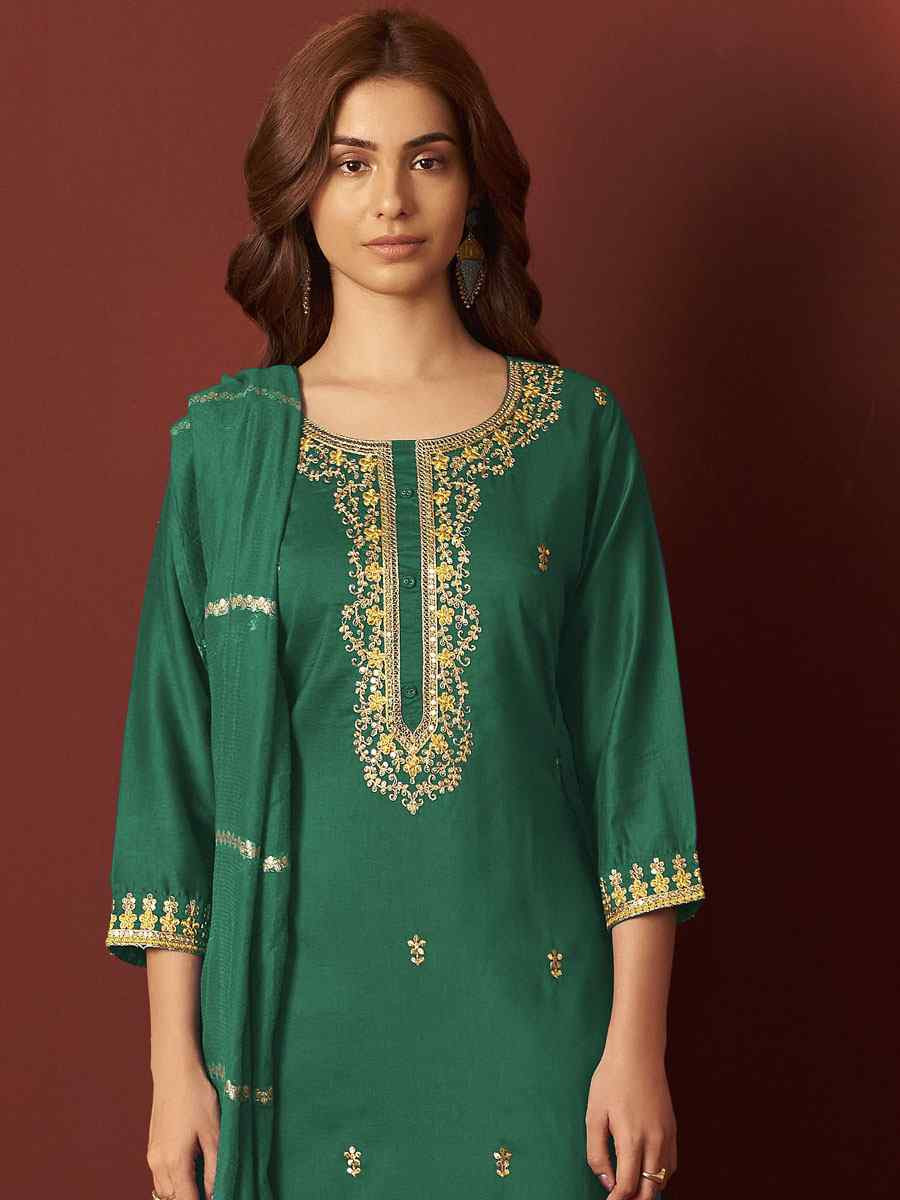 Green Chinon Embroidery Party Wedding Festival Casual Ready Pant Salwar Kameez