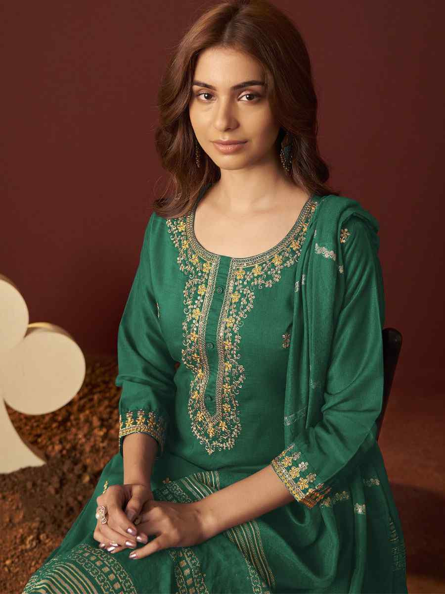 Green Chinon Embroidery Party Wedding Festival Casual Ready Pant Salwar Kameez