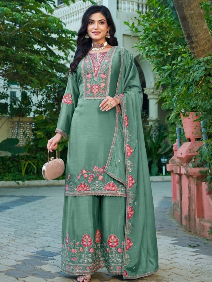 Green Chinon Embroidery Sequins Wedding Party Festival Casual Ready Palazzo Pant Salwar Kameez