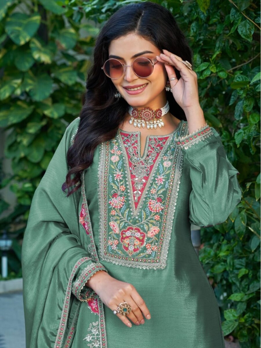 Green Chinon Embroidery Sequins Wedding Party Festival Casual Ready Palazzo Pant Salwar Kameez