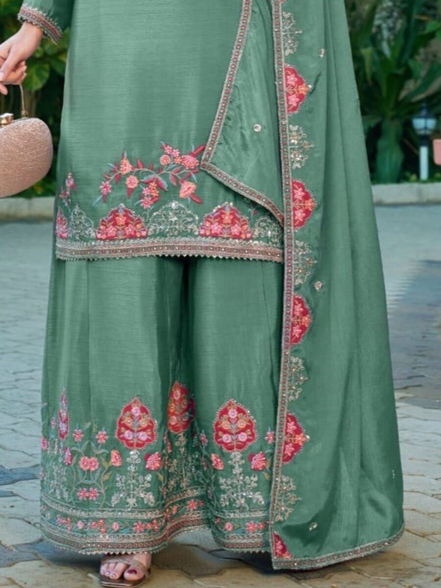 Green Chinon Embroidery Sequins Wedding Party Festival Casual Ready Palazzo Pant Salwar Kameez