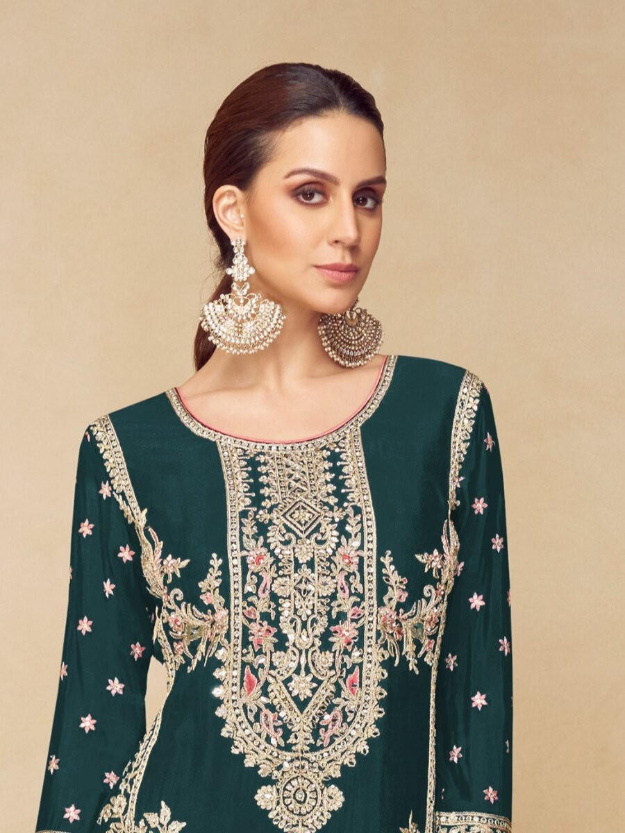 Green Chinon Embroidery Wedding Party Festival Casual Palazzo Pant Salwar Kameez