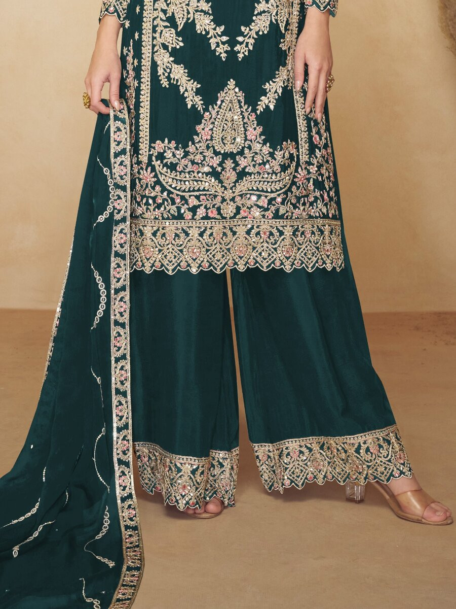 Green Chinon Embroidery Wedding Party Festival Casual Palazzo Pant Salwar Kameez
