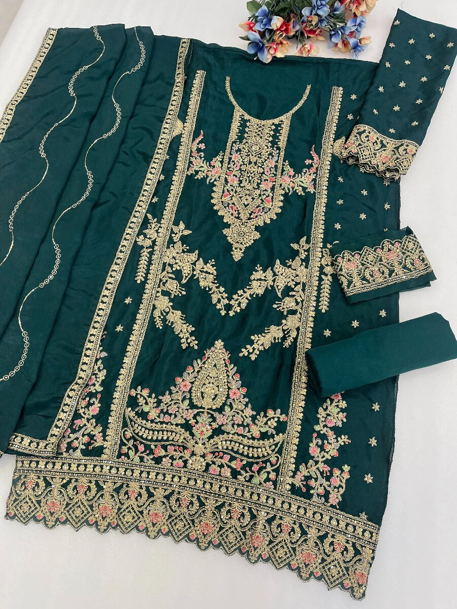 Green Chinon Embroidery Wedding Party Festival Casual Palazzo Pant Salwar Kameez