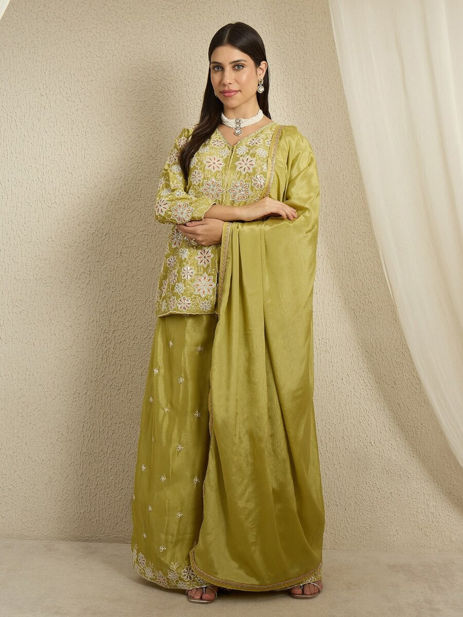 Green Chinon Embroidery Zari Wedding Party Festival Casual Ready Palazzo Pant Salwar Kameez