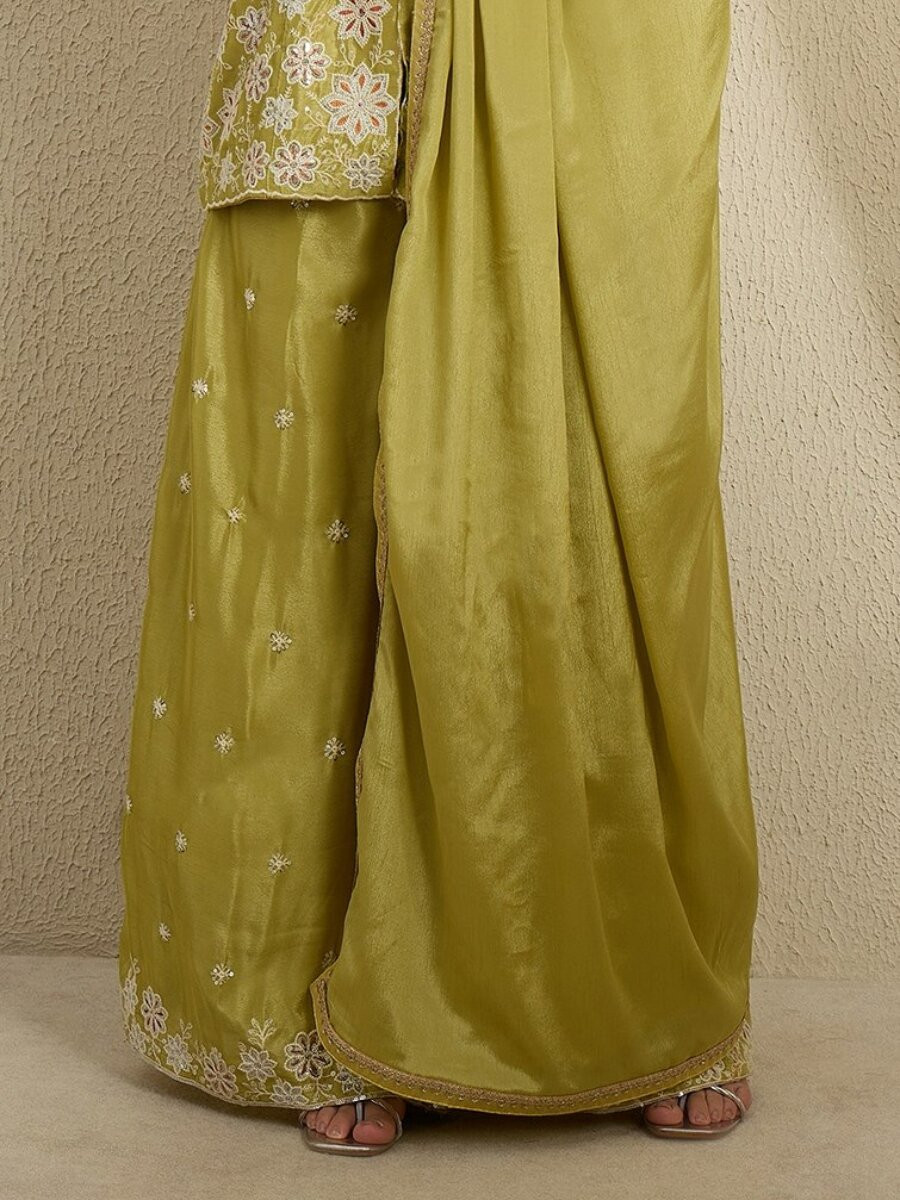 Green Chinon Embroidery Zari Wedding Party Festival Casual Ready Palazzo Pant Salwar Kameez