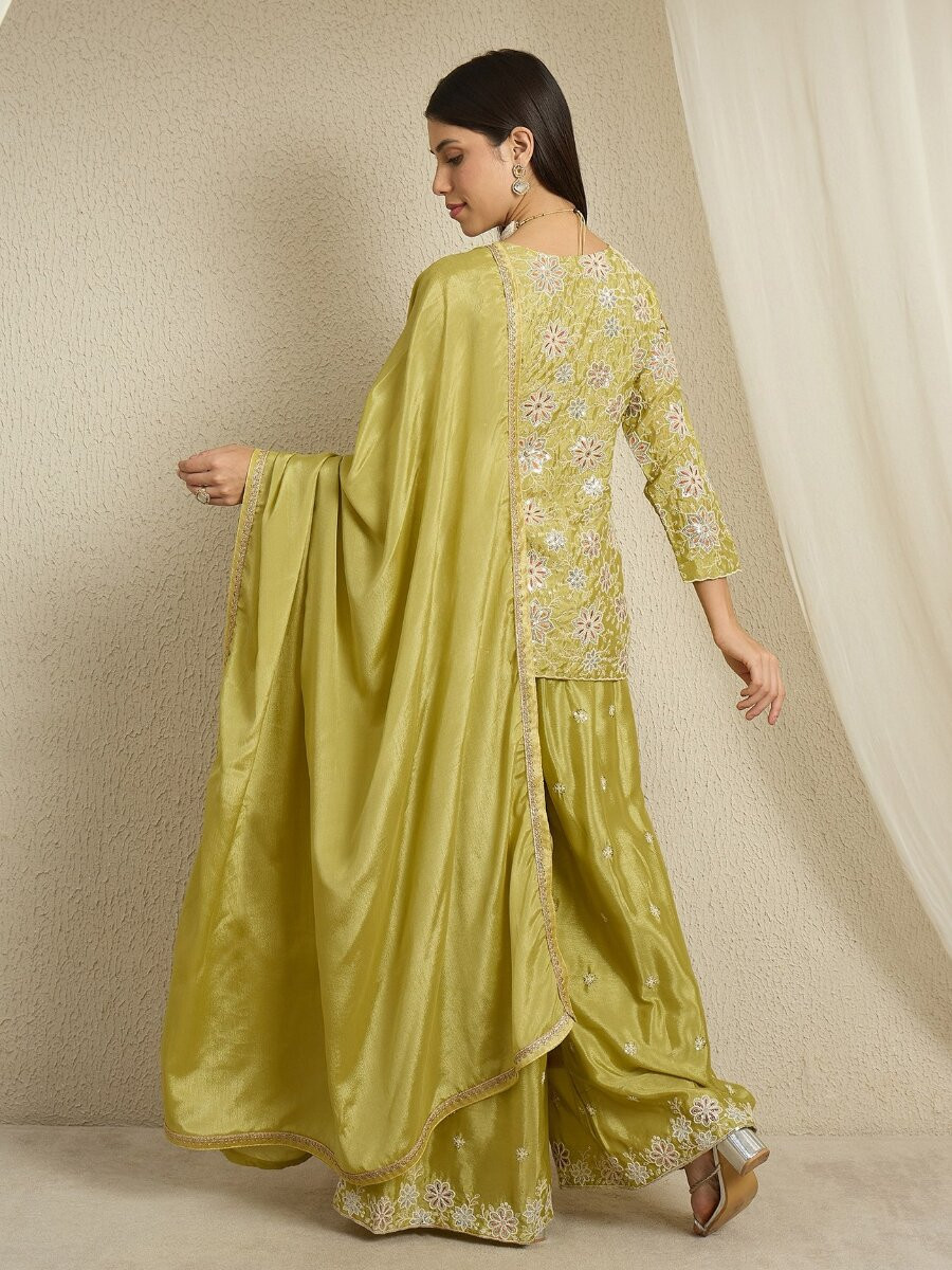 Green Chinon Embroidery Zari Wedding Party Festival Casual Ready Palazzo Pant Salwar Kameez