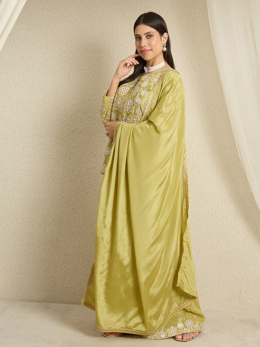 Green Chinon Embroidery Zari Wedding Party Festival Casual Ready Palazzo Pant Salwar Kameez