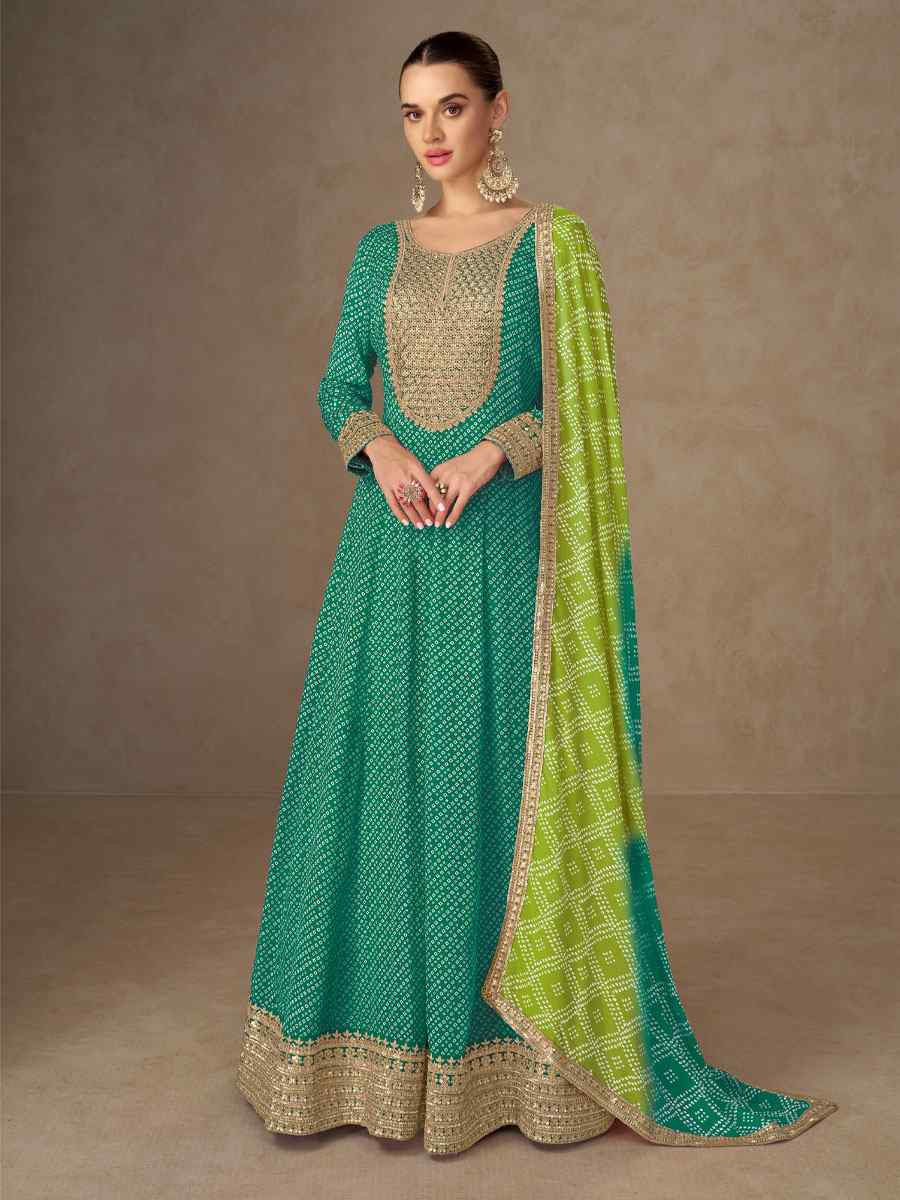 Green Chinon Printed Women Wear Embroidered Women Wear Festival Casual Wedding Gown