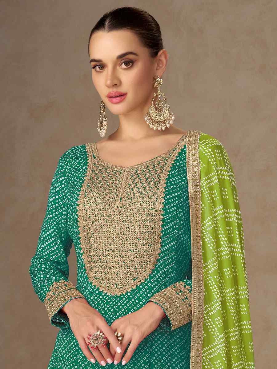 Green Chinon Printed Women Wear Embroidered Women Wear Festival Casual Wedding Gown