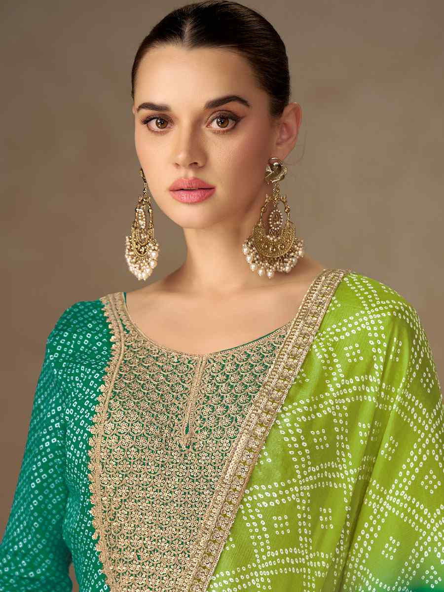 Green Chinon Printed Women Wear Embroidered Women Wear Festival Casual Wedding Gown