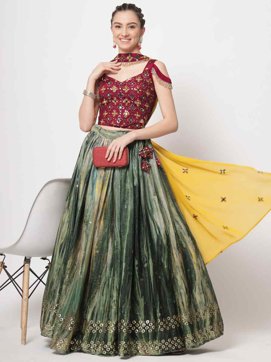 Green Chinon Silk Embroidered Engagement Wedding Heavy Border Lehenga Choli