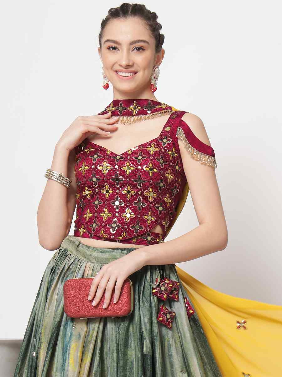 Green Chinon Silk Embroidered Engagement Wedding Heavy Border Lehenga Choli