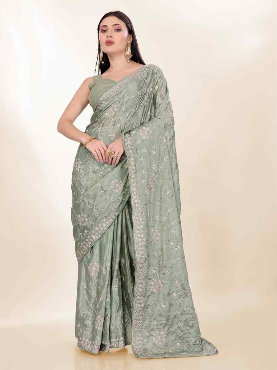 Green Chinon silk Embroidered Festival Wedding Classic Style Saree