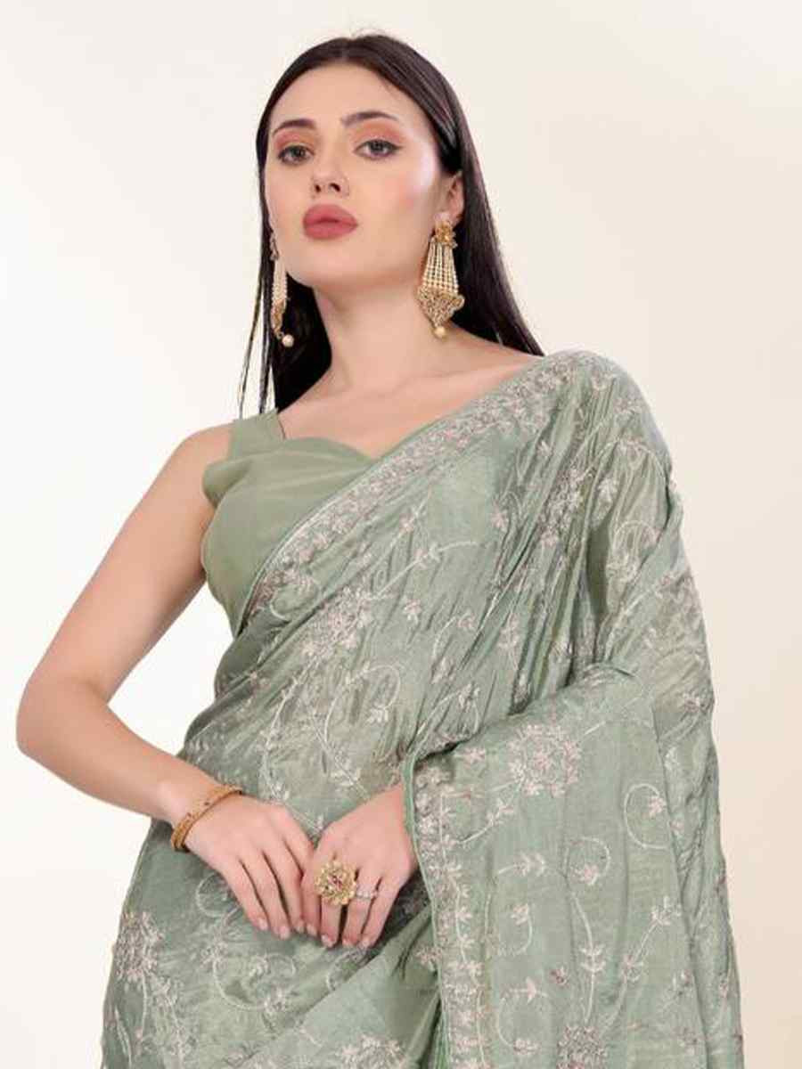 Green Chinon silk Embroidered Festival Wedding Classic Style Saree