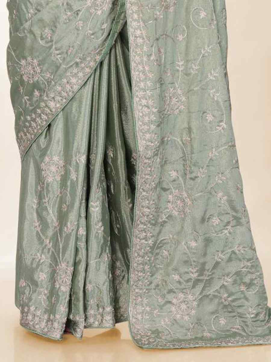 Green Chinon silk Embroidered Festival Wedding Classic Style Saree