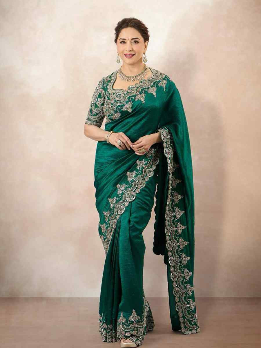 Green Chinon Silk Embroidered Festival Wedding Fancy Heavy Border Saree