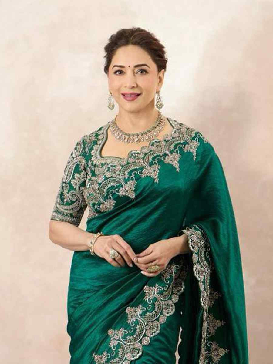 Green Chinon Silk Embroidered Festival Wedding Fancy Heavy Border Saree