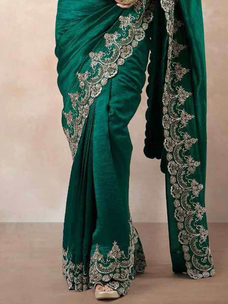 Green Chinon Silk Embroidered Festival Wedding Fancy Heavy Border Saree