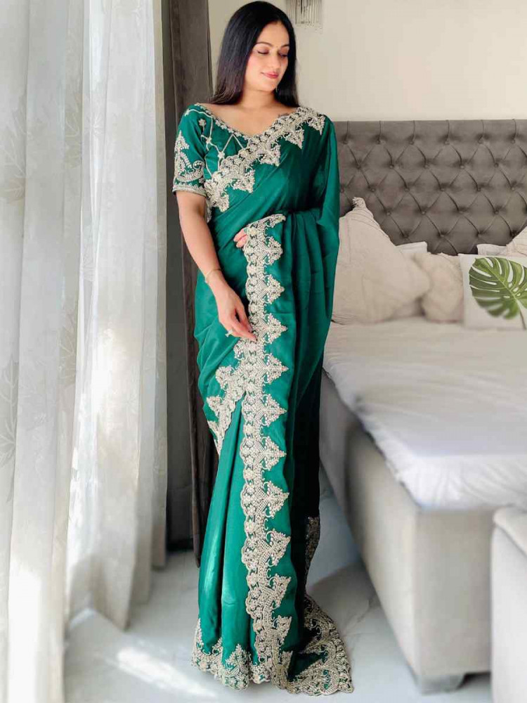 Green Chinon Silk Embroidered Festival Wedding Fancy Heavy Border Saree