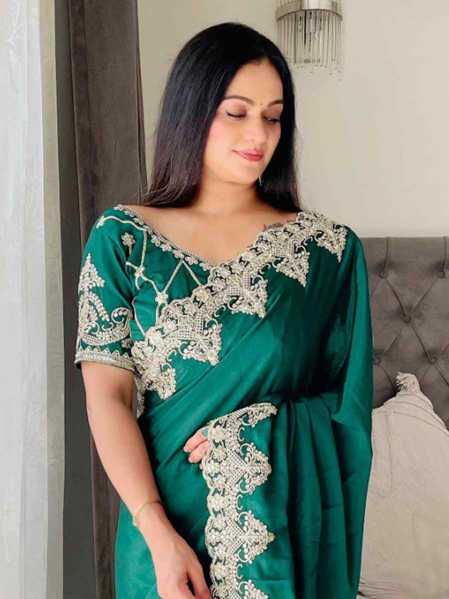 Green Chinon Silk Embroidered Festival Wedding Fancy Heavy Border Saree