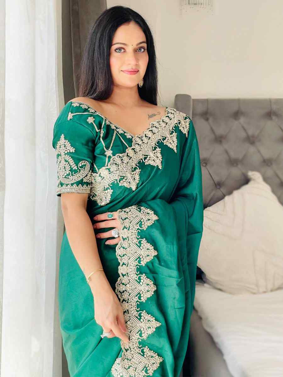 Green Chinon Silk Embroidered Festival Wedding Fancy Heavy Border Saree