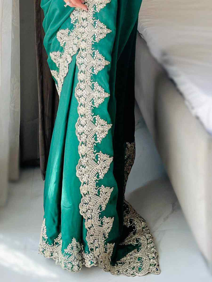 Green Chinon Silk Embroidered Festival Wedding Fancy Heavy Border Saree