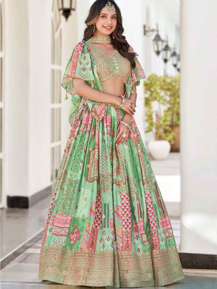 Green Chinon Silk Embroidered Wedding Reception Festival Heavy Border Lehenga Choli