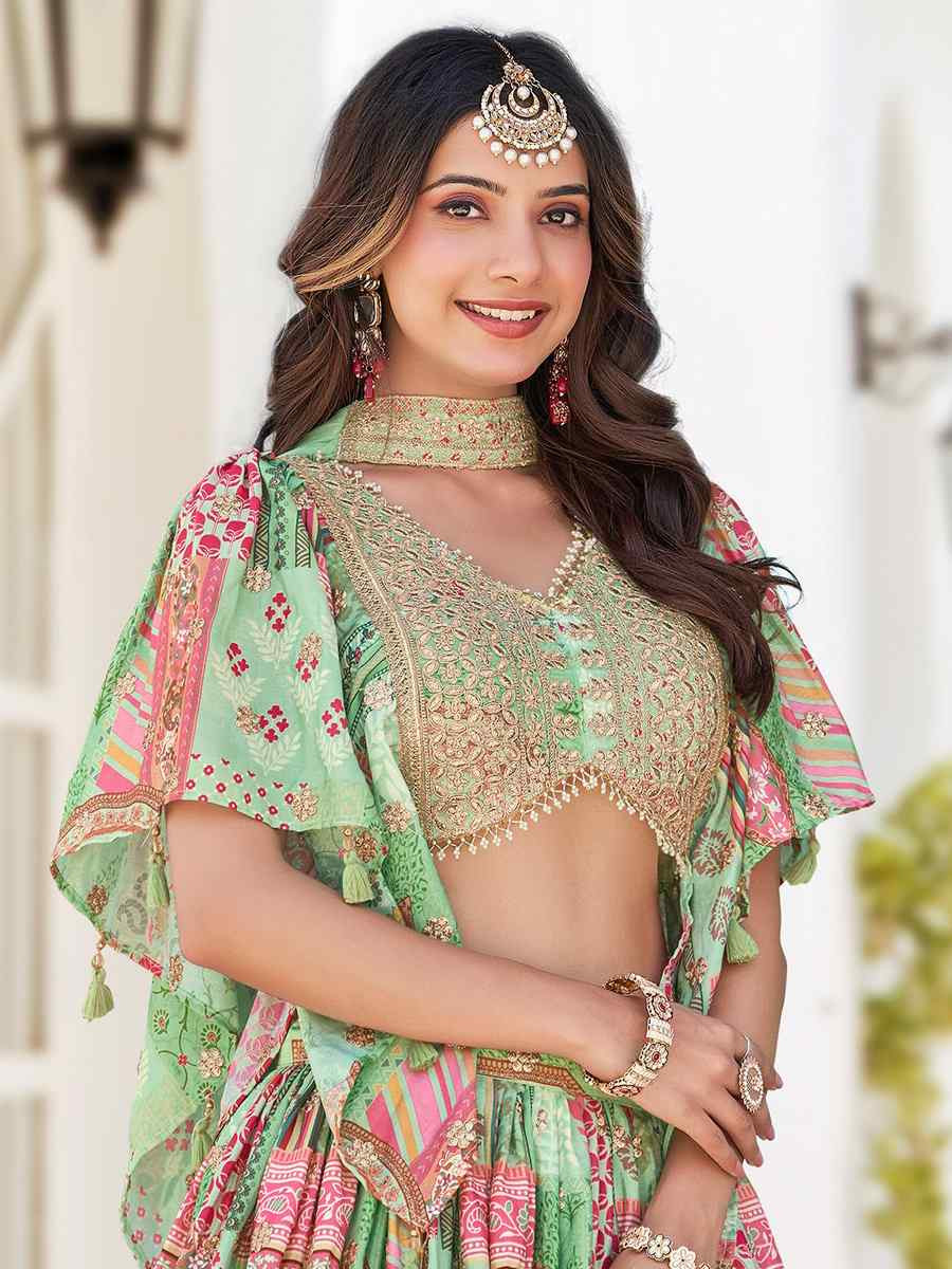 Green Chinon Silk Embroidered Wedding Reception Festival Heavy Border Lehenga Choli