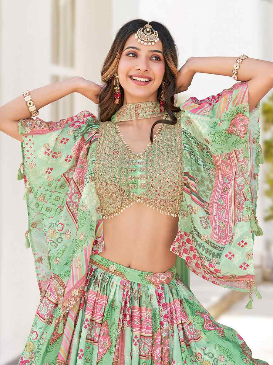 Green Chinon Silk Embroidered Wedding Reception Festival Heavy Border Lehenga Choli