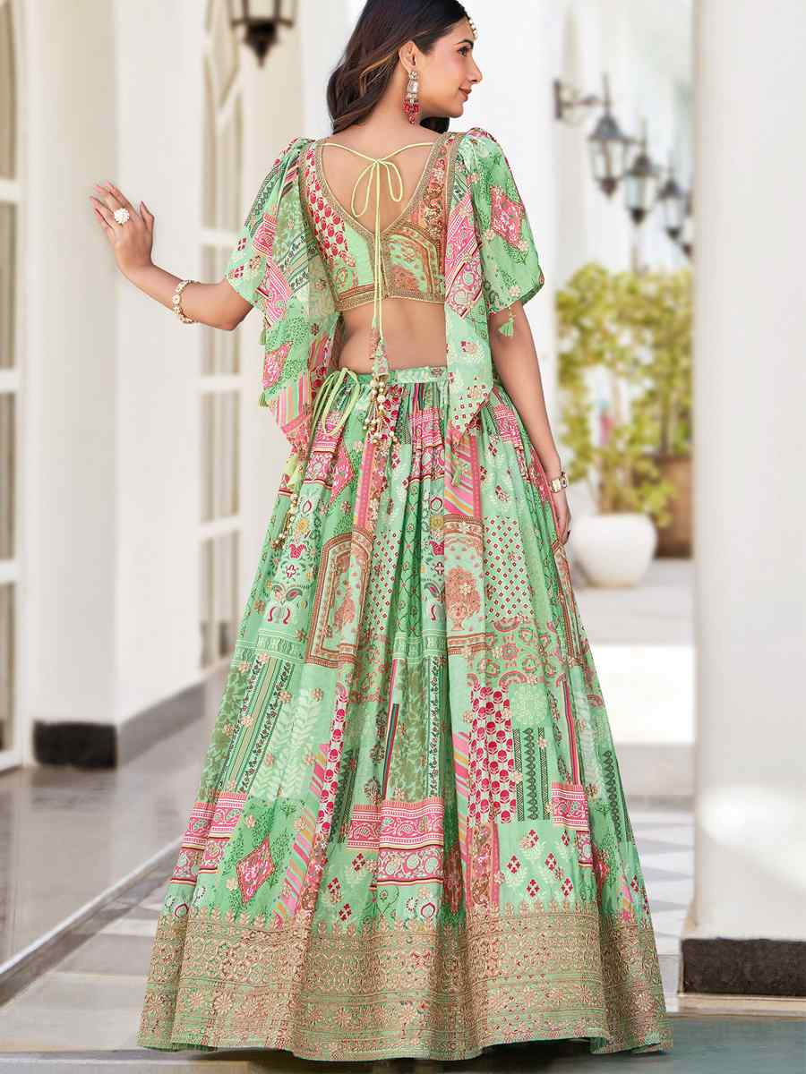 Green Chinon Silk Embroidered Wedding Reception Festival Heavy Border Lehenga Choli