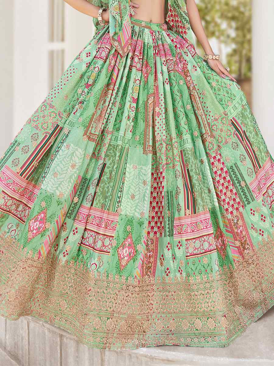 Green Chinon Silk Embroidered Wedding Reception Festival Heavy Border Lehenga Choli