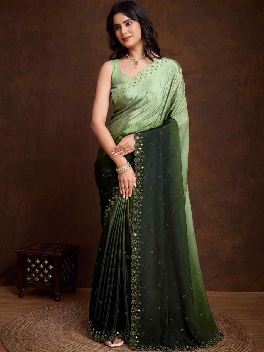 Green Chinon Silk Embroidery Casual Reception Festival Wedding Fancy Heavy Border Sarees