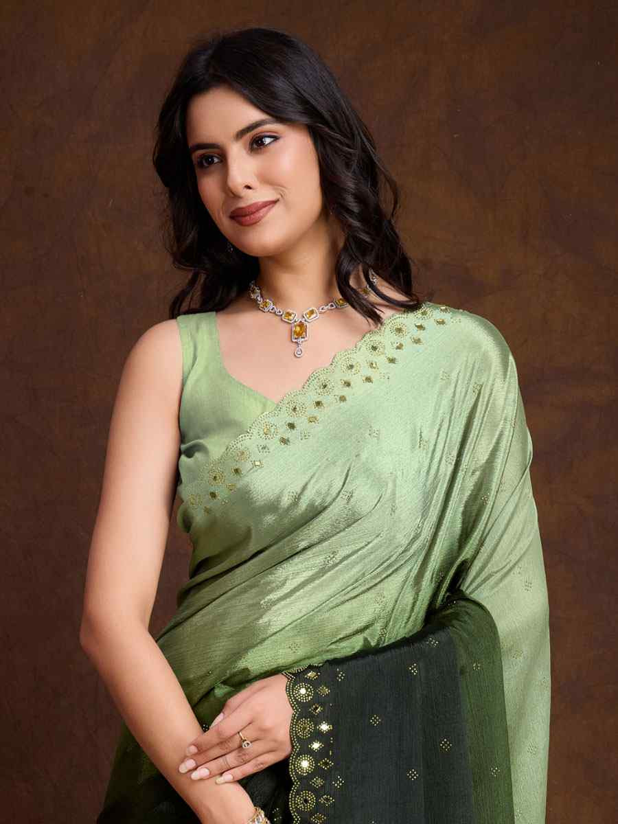 Green Chinon Silk Embroidery Casual Reception Festival Wedding Fancy Heavy Border Sarees