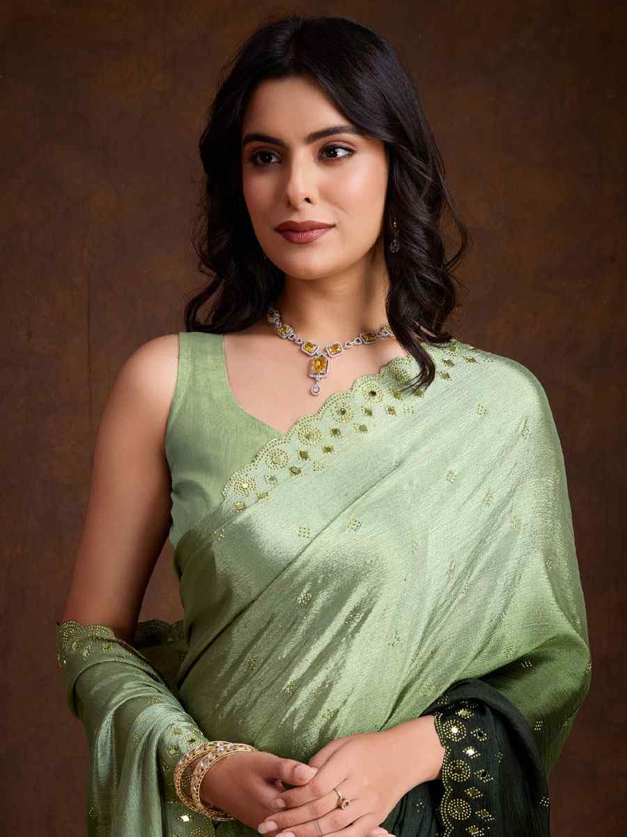 Green Chinon Silk Embroidery Casual Reception Festival Wedding Fancy Heavy Border Sarees