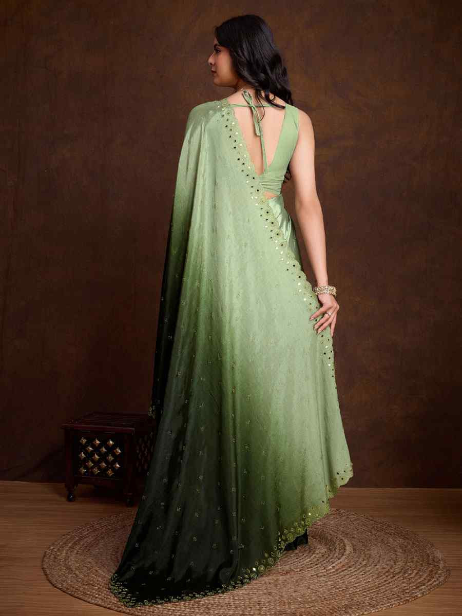 Green Chinon Silk Embroidery Casual Reception Festival Wedding Fancy Heavy Border Sarees