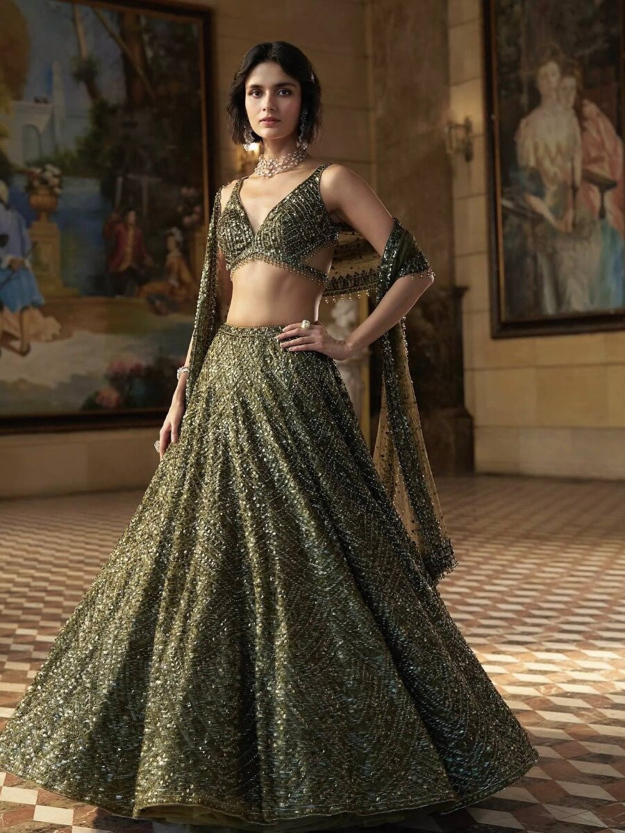 Green Chinon Silk Embroidery Sequins Wedding Reception Party Festival Heavy Border Lehenga Choli
