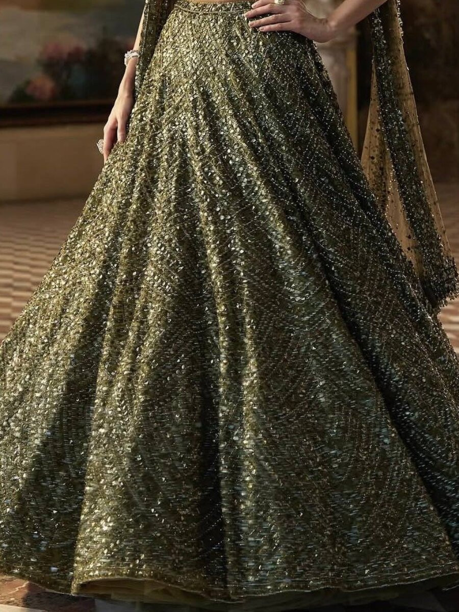 Green Chinon Silk Embroidery Sequins Wedding Reception Party Festival Heavy Border Lehenga Choli