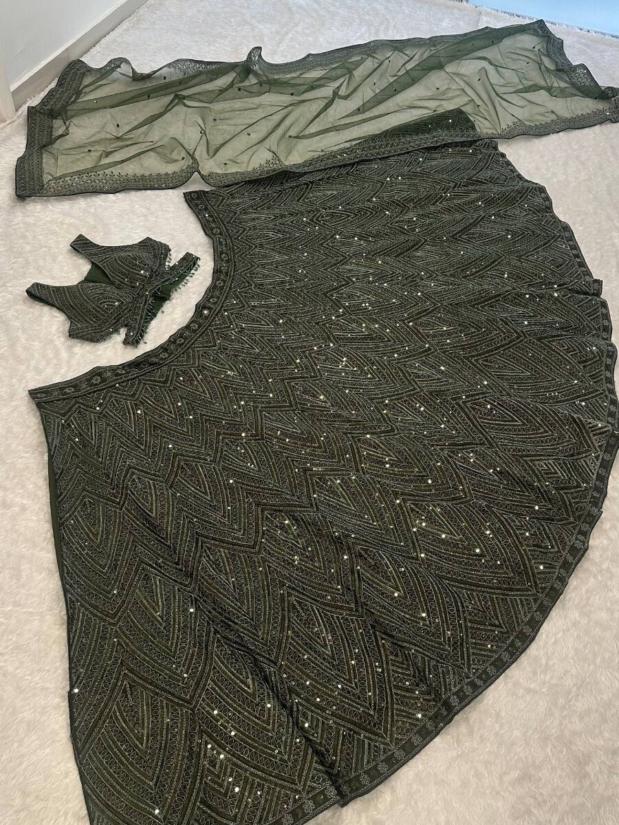 Green Chinon Silk Embroidery Sequins Wedding Reception Party Festival Heavy Border Lehenga Choli