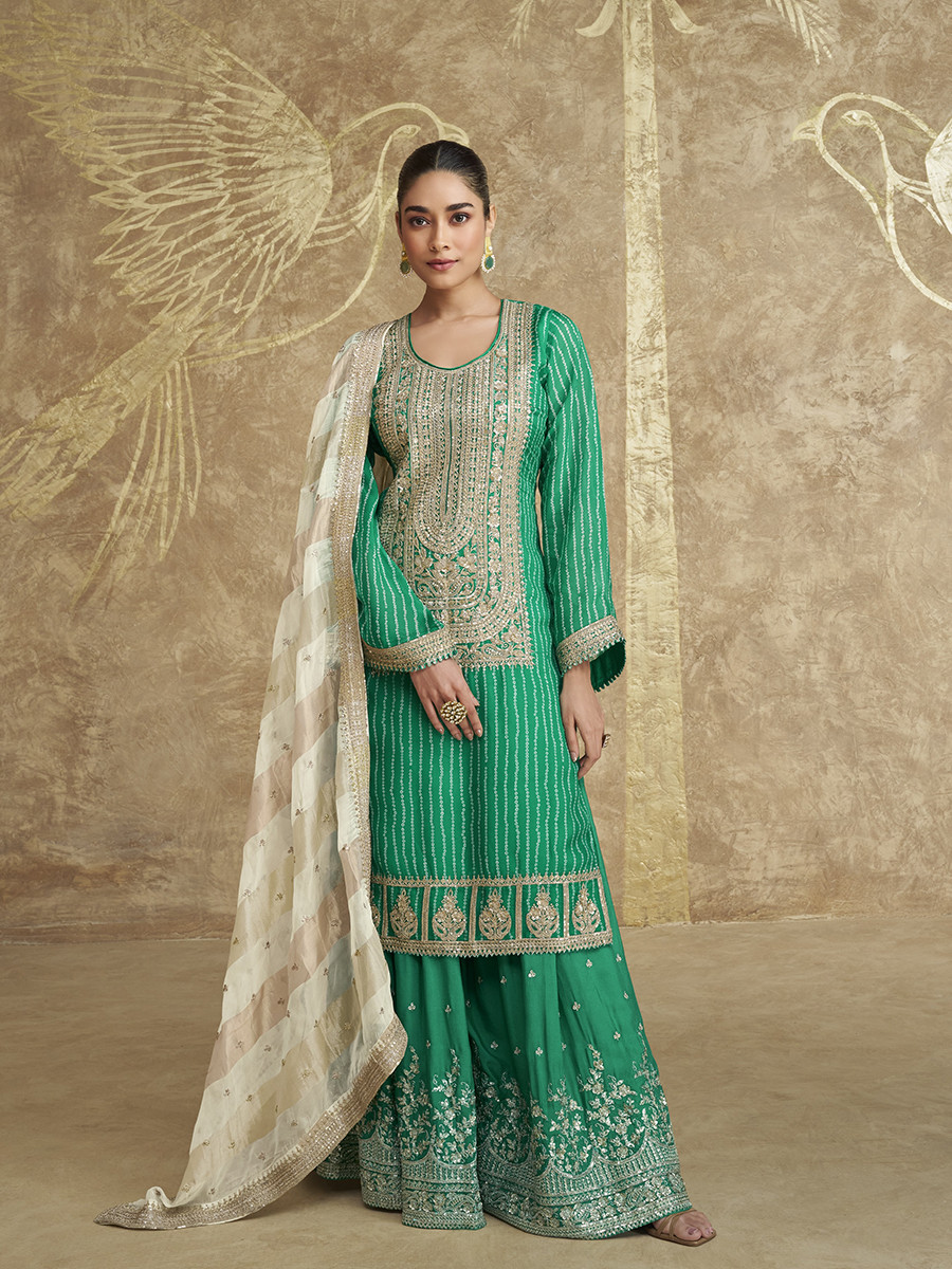 Green Chinon Silk Embroidery Zari Sequins Wedding Party Festival Casual Palazzo Pant Salwar Kameez