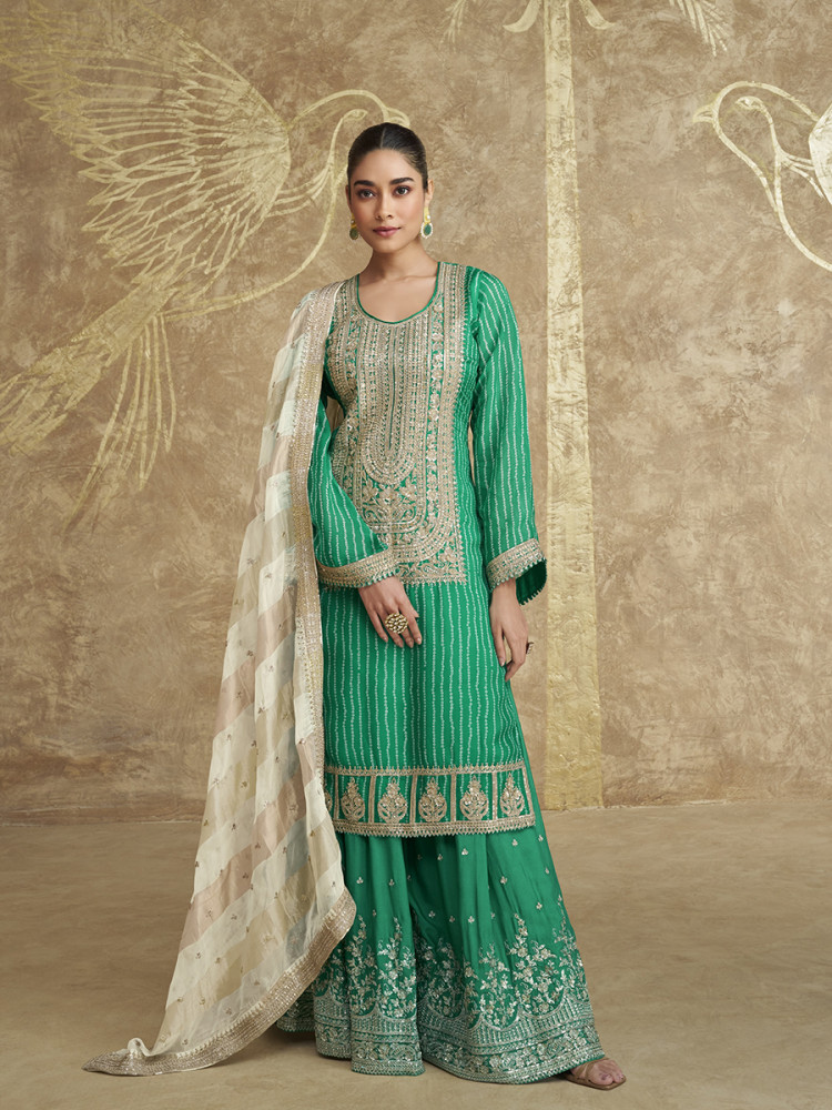Image of Green Chinon Silk Embroidery Zari Sequins Wedding Party Festival Casual Palazzo Pant Salwar Kameez