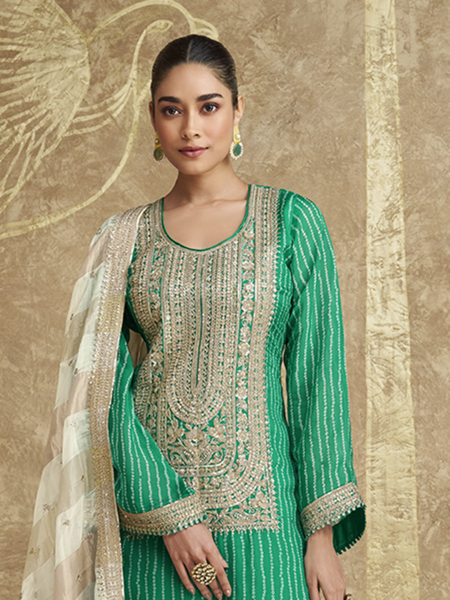 Green Chinon Silk Embroidery Zari Sequins Wedding Party Festival Casual Palazzo Pant Salwar Kameez