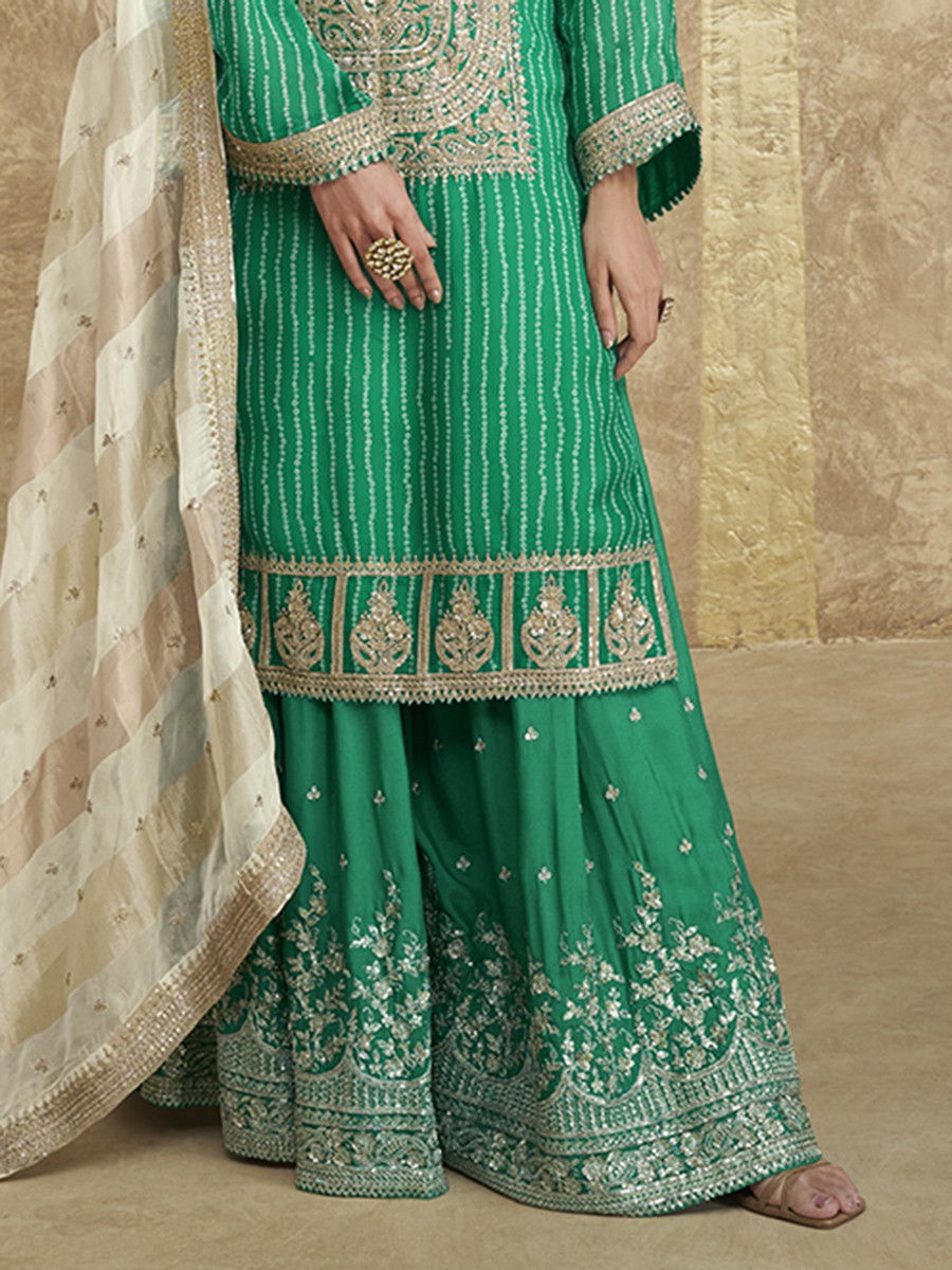 Green Chinon Silk Embroidery Zari Sequins Wedding Party Festival Casual Palazzo Pant Salwar Kameez
