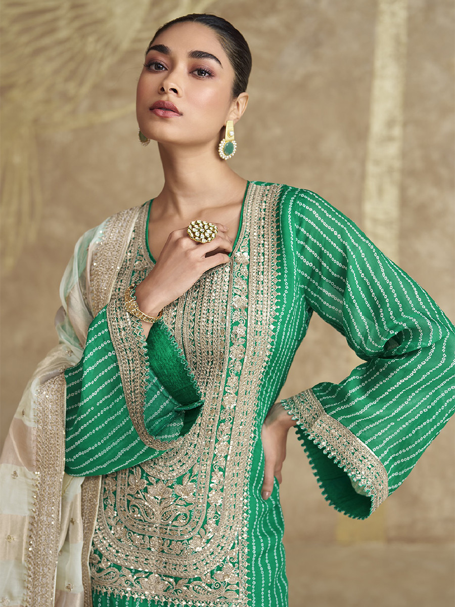 Green Chinon Silk Embroidery Zari Sequins Wedding Party Festival Casual Palazzo Pant Salwar Kameez