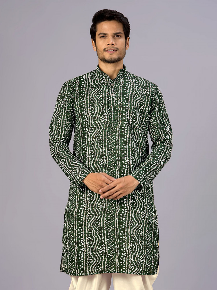 Image of Green Cotton Bandhani Printed Wedding Festival Party Wear Casual Mens Kurta