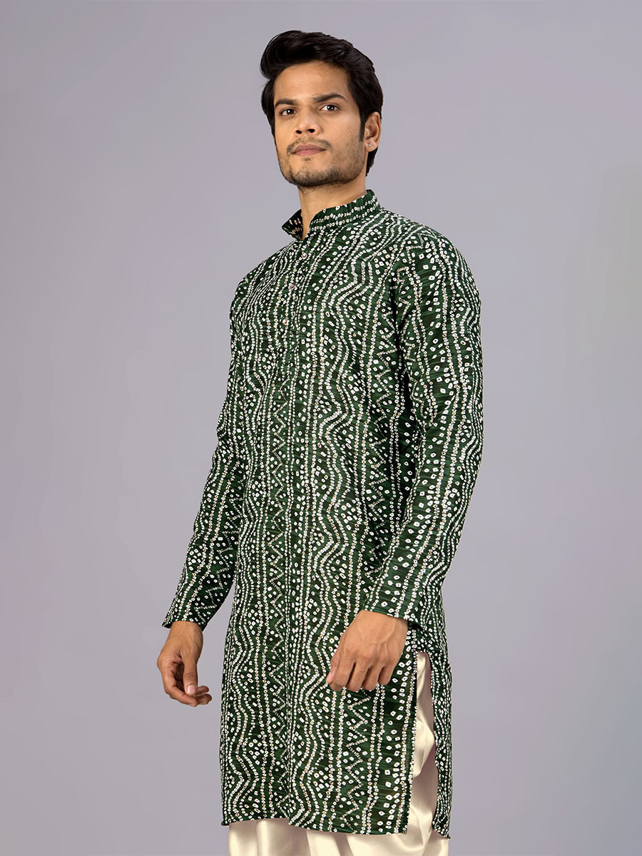 Green Cotton Bandhani Printed Wedding Festival Party Wear Casual Mens Kurta