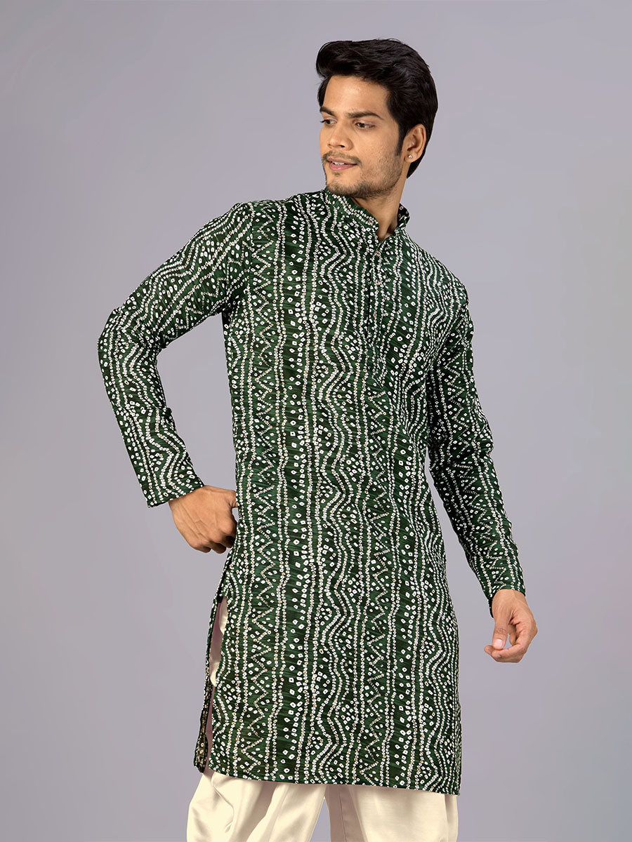 Green Cotton Bandhani Printed Wedding Festival Party Wear Casual Mens Kurta