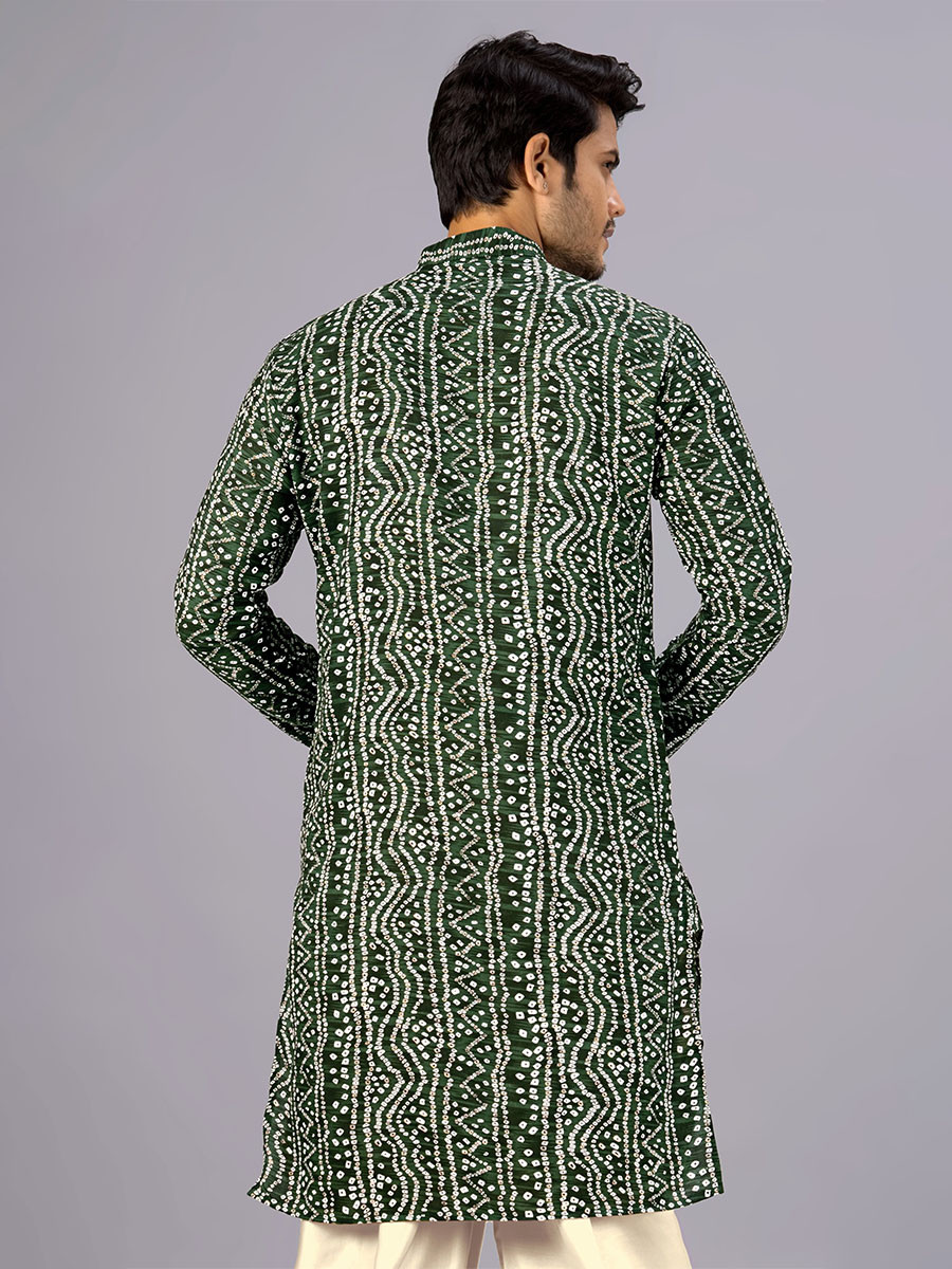 Green Cotton Bandhani Printed Wedding Festival Party Wear Casual Mens Kurta